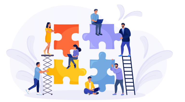 Personen verbinden Puzzleteile und arbeiten - Vektor Illustration für Crowdsourcing für Übersetzungen von Onlineinhalten