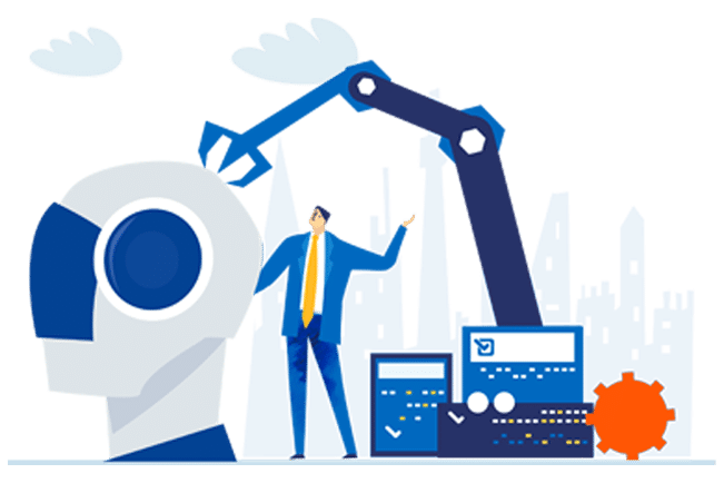Person bedient Maschine um Roboter zu steuern - Vektor Illustration für Maschinelle Übersetzungen