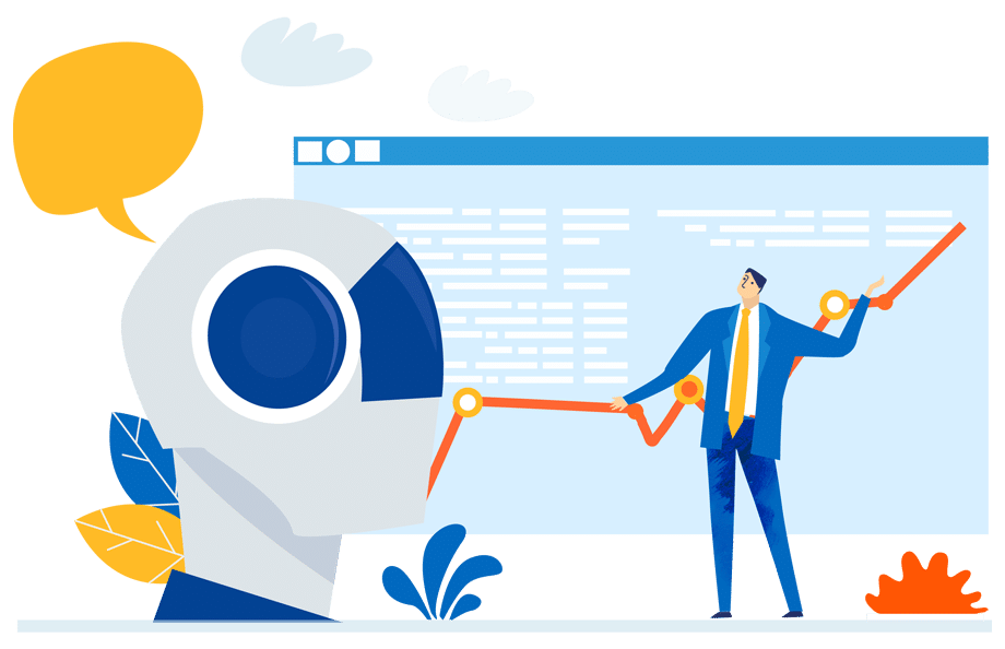 Person analysiert Dashboard und Diagramme neben Roboter - Vektor Illustration für Maschinelle Übersetzung wie übersetzt eine Maschine