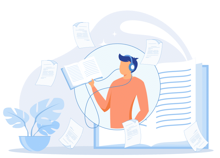 Person mit Kopfhörer liest Buch - Vektor Illustration für Technische Übersetzungen Spezialgebiet