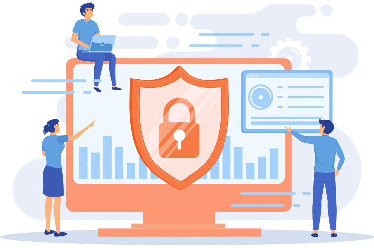 Personen arbeiten mit geschützem Computer - Vektor Illustration für Datenschutz und Vertraulichkeit