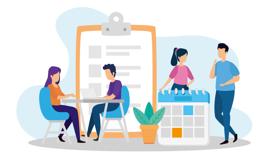 Team organisiert Meeting mit Kalender Klemmbrett und Laptop - Vektor Illustration für Unser Team