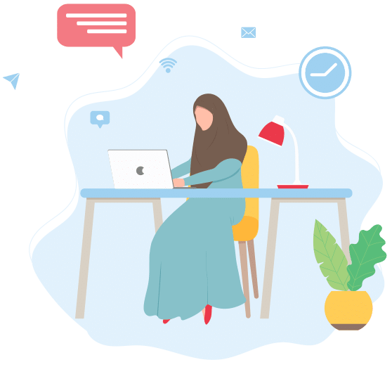 Person mit Hidjab arbeitet an Laptop - Vektor Illustration für Deutsch Arabische Übersetzung