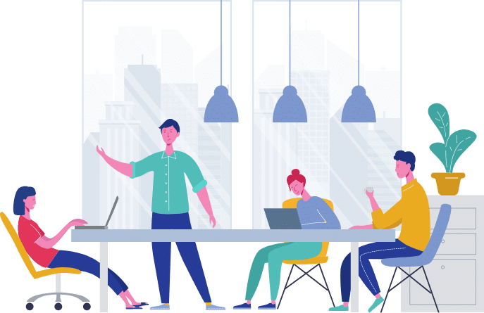 Personen sitzen an einem Tisch und arbeiten - Vektor Illustration für Übersetzungsbüro Deutsch Ungarisch