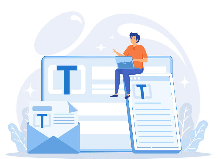 Person arbeitet an Laptop neben Handy und E-Mail - Vektor Illustration für Website Software übersetzen lassen